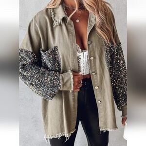 Sequin Sleeve Khaki Denim Jacket